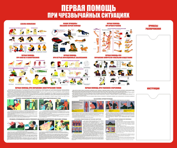 С19 Стенд первая помощь (при чрезвычайных ситуациях) (1200х1000мм, пластик ПВХ 3 мм, карманы, Прямая печать на пластик) - Стенды - Стенды по первой медицинской помощи - магазин ОТиТБ - охрана труда и техника безопасности