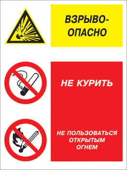 Кз 11 взрывоопасно - не курить и не пользоваться открытым огнем. (пленка, 400х600 мм) - Знаки безопасности - Комбинированные знаки безопасности - магазин ОТиТБ - охрана труда и техника безопасности