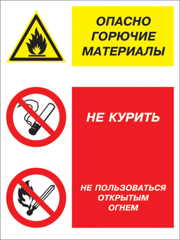 Кз 10 опасно горючие материалы - не курить и не пользоваться открытым огнем. (пластик, 400х600 мм) - Знаки безопасности - Комбинированные знаки безопасности - магазин ОТиТБ - охрана труда и техника безопасности